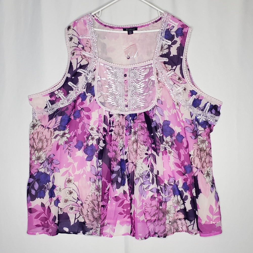 Roamans Tank Women 40W Purple Pink Floral Lace Mesh Praire Cottagecore Coquette‎